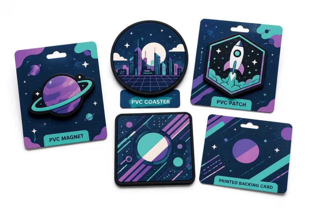Coordinated custom event merchandise including PVC patches, magnets and coasters with matching branding.