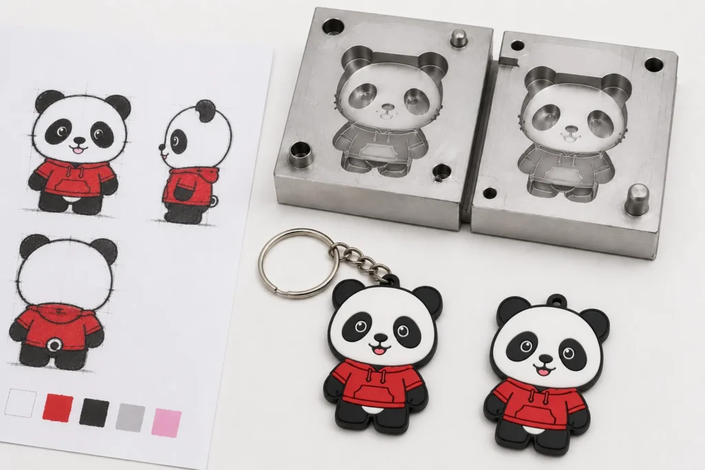 Custom Hello Kitty soft PVC keychain with artwork sketch and production mold