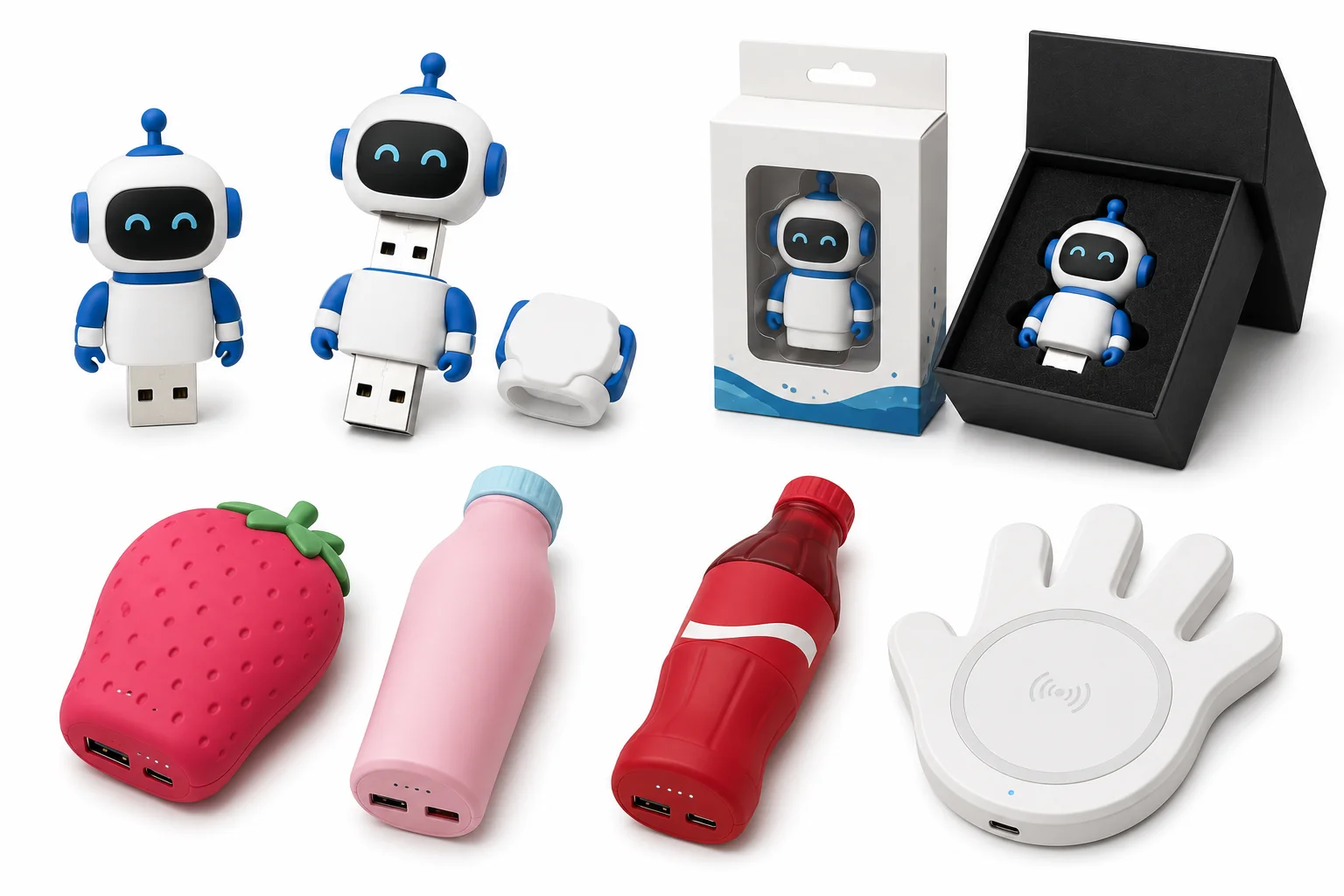 Corporate technology gifts including USB drives, power banks, wireless chargers, and branded gift packaging.