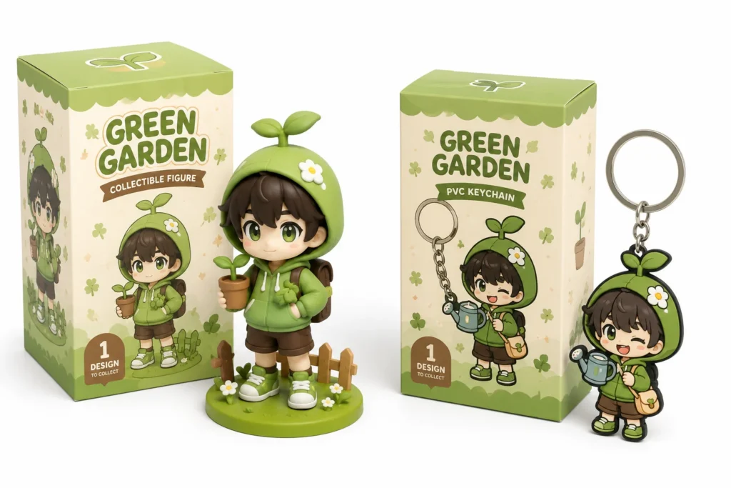 Custom creator merchandise featuring collectible figures, PVC keychains, and retail packaging.