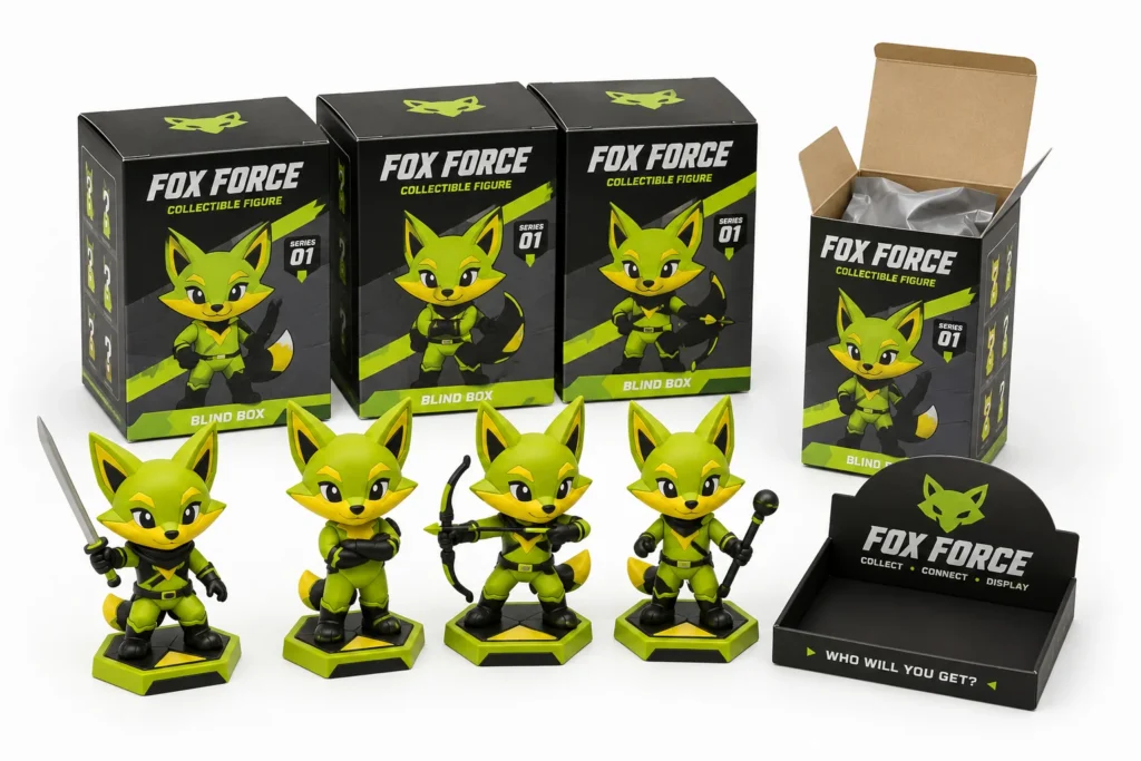 Custom blind box collectible figures with branded retail packaging for event merchandise.