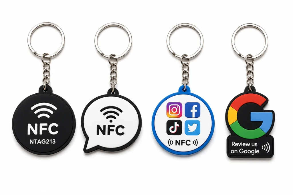 Custom NFC keychains connecting visitors to websites and digital business cards.
