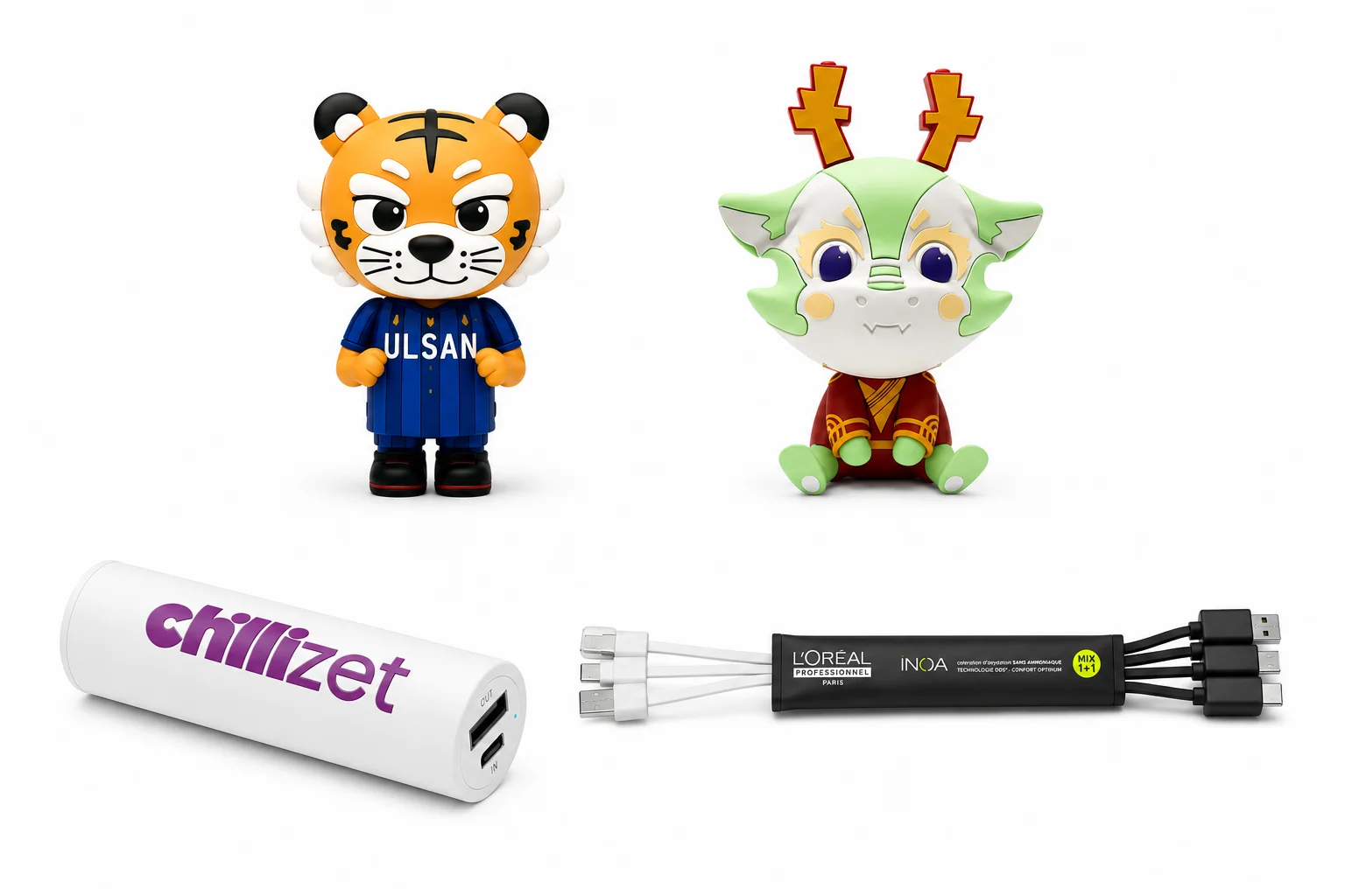 Branded power banks, wireless chargers and cables made for promotional projects.