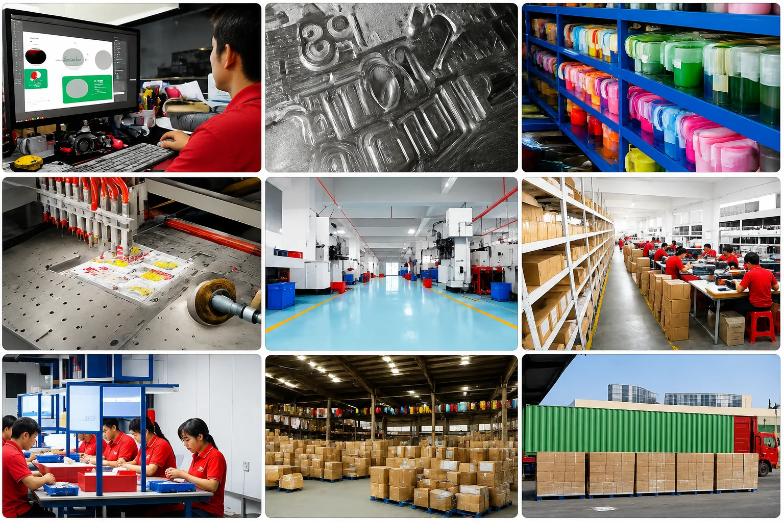 Factory staff inspecting custom tech gifts during quality control and packaging
