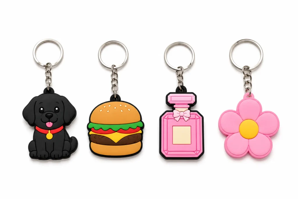 Custom PVC keychains for trade show giveaways and promotional events.