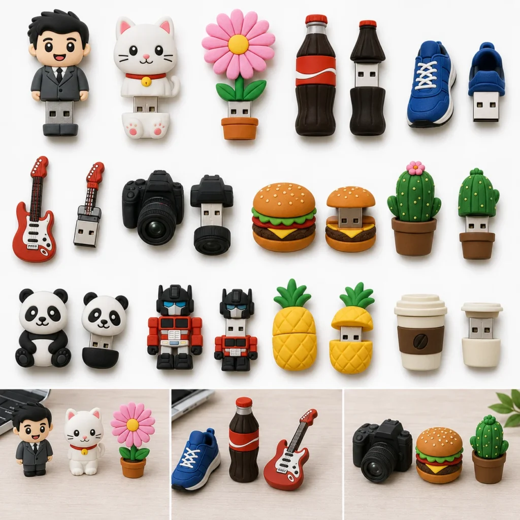 Custom shape USB flash drives manufactured for Retail IP Merchandise and branded retail collections.