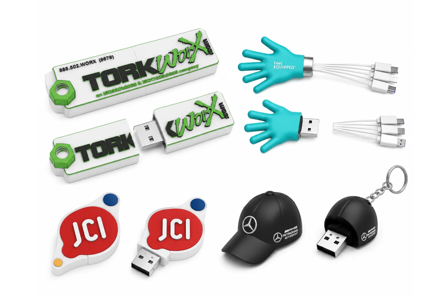 Custom USB flash drives in branded, USB-C and molded PVC shapes