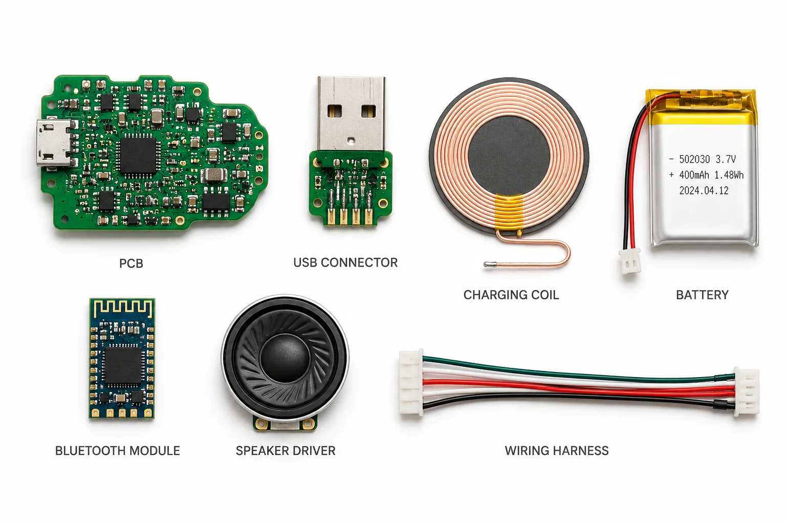 Electronic assembly components including PCB, battery, charging module and connectors