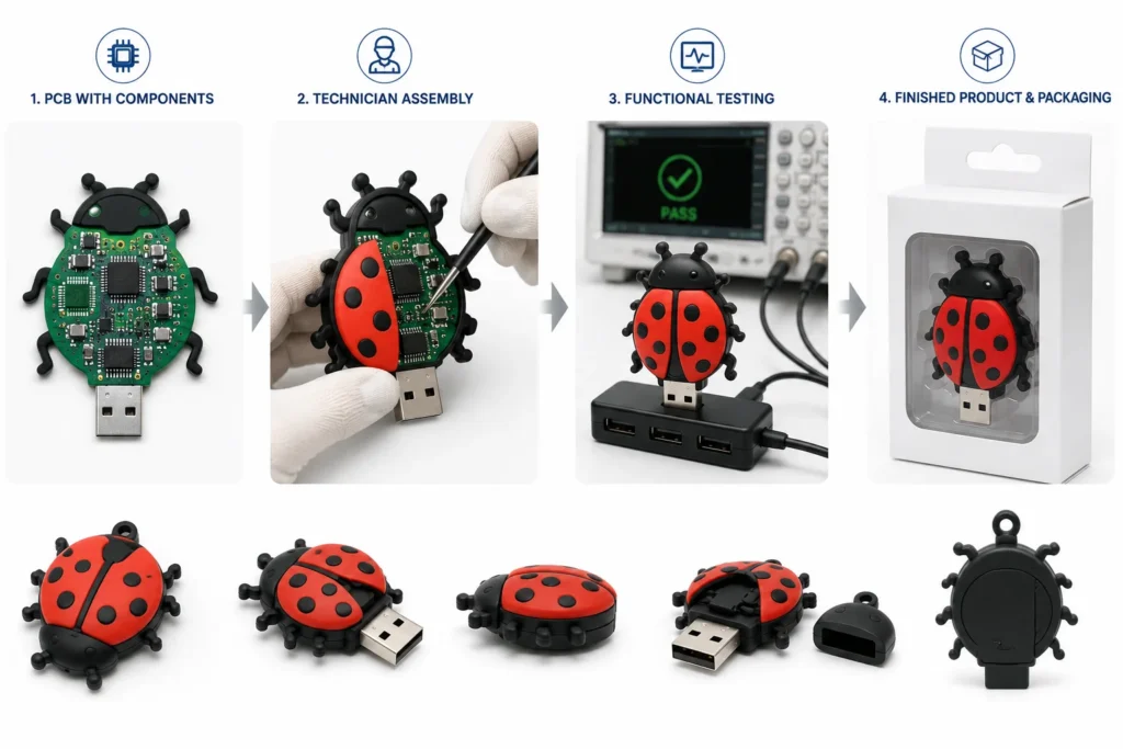 Electronics assembly workflow showing PCB integration, product assembly, testing and packaging