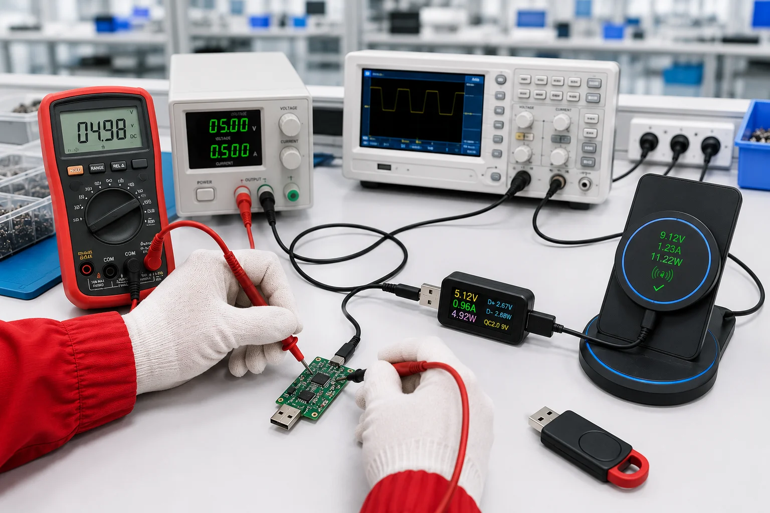 Electronic products undergoing functional testing using professional testing equipment