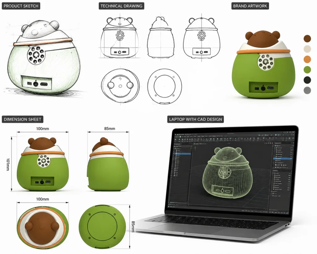 Electronic product concept including technical drawings and branding specifications