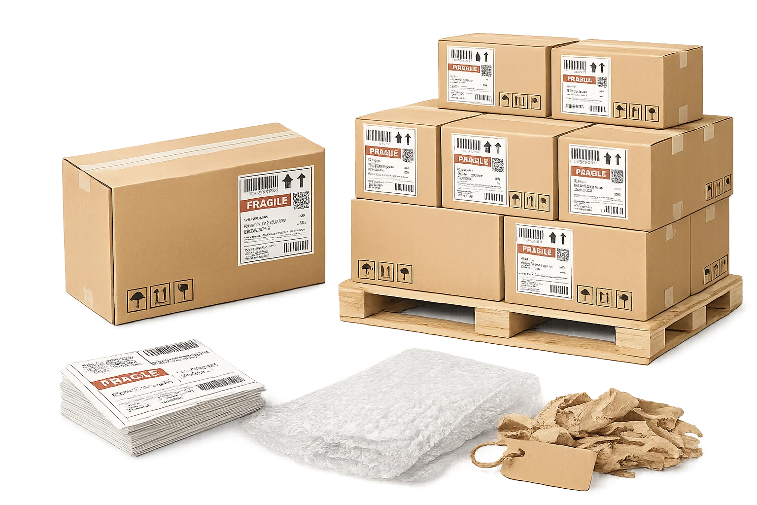 Export cartons and protective shipping packaging prepared for worldwide delivery