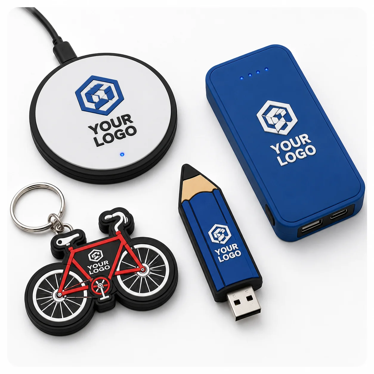 Finished branded promotional products with custom logo printing and retail packaging