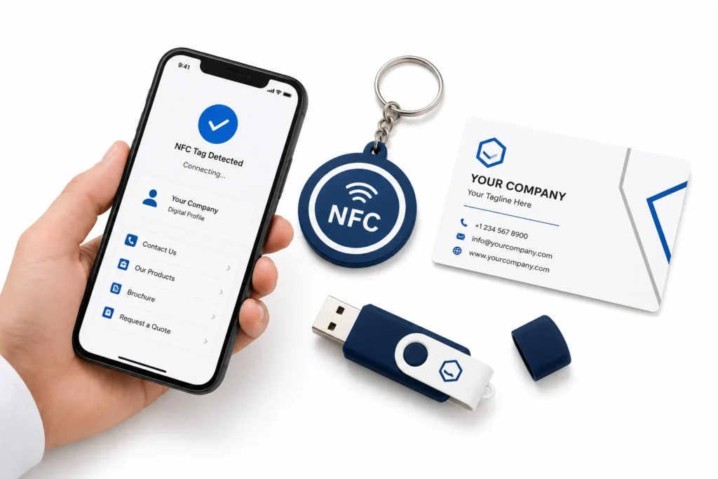 NFC keychain connecting exhibition visitors to digital information.