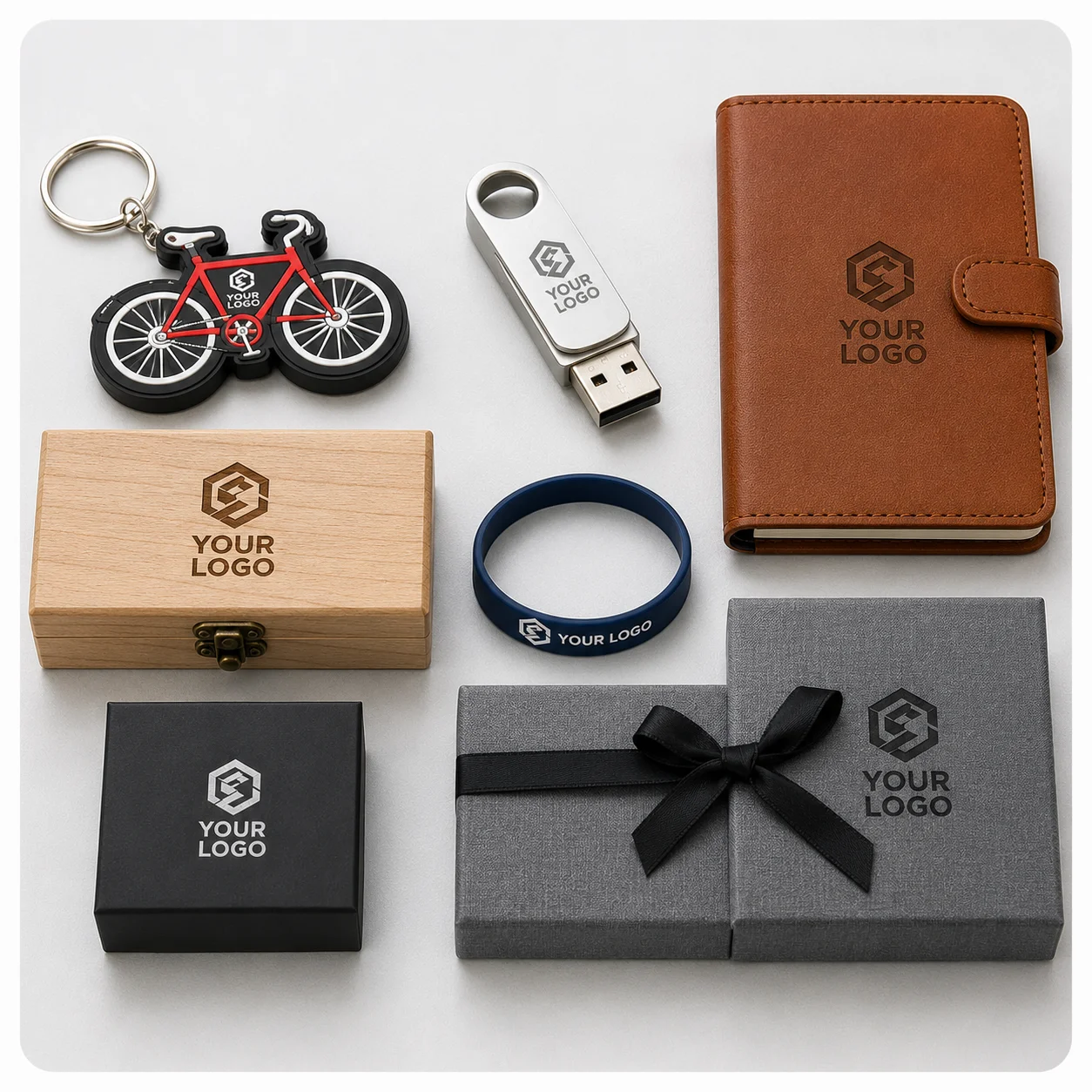 Materials suitable for custom logo branding including PVC, metal, leather and wood