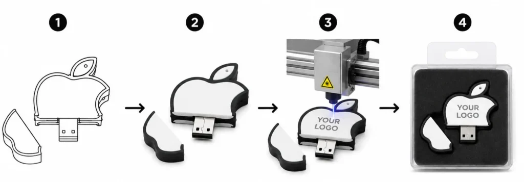 Logo branding workflow showing artwork review, logo printing, finished branded products and packaging