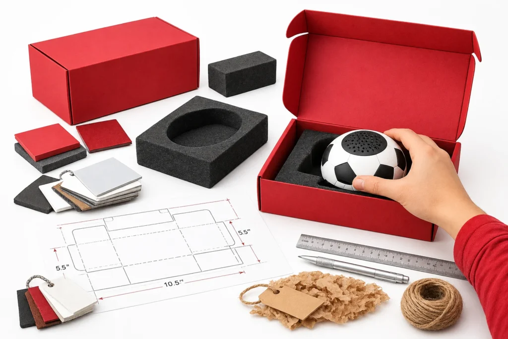 Packaging prototype with material samples and EVA foam insert testing