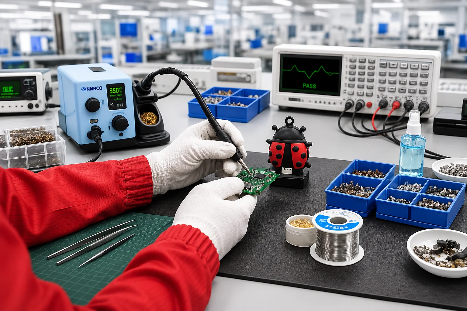 Technician assembling electronic components at an ESD-safe PCB workstation