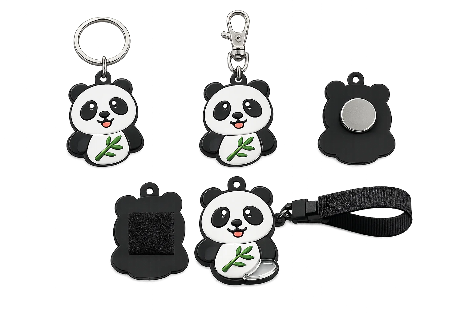 Soft PVC products with keyrings, magnets, luggage straps and other attachment options