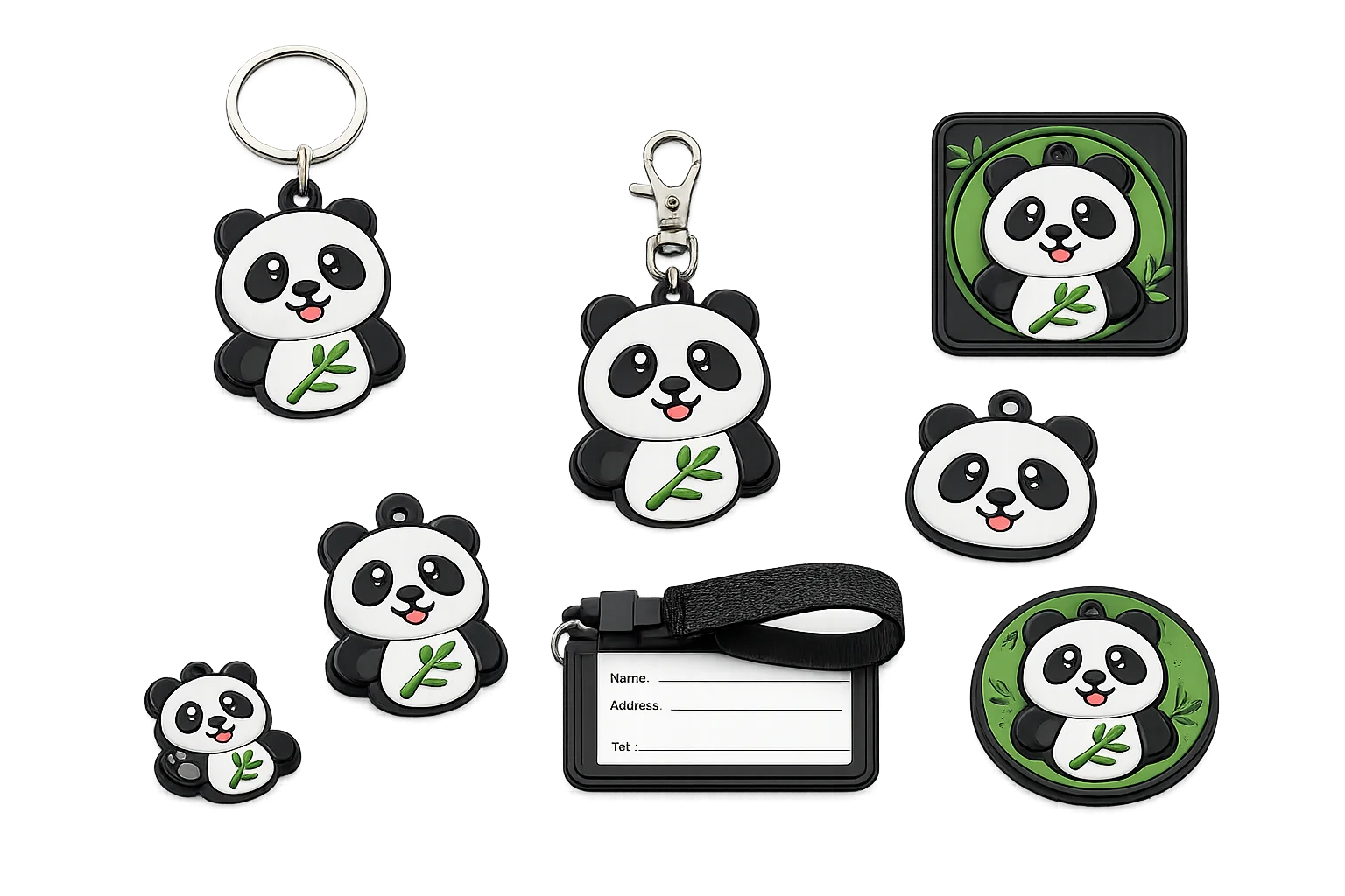 Custom soft PVC products including keychains, patches, magnets, shoe charms and luggage tags